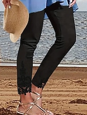 baratos Leggings lisas-Mulheres chinês Leggings Moda Roupa de rua Básico Comprimento total Cintura Alta Tecido Renda Confortável Macio Com Stretch Ao ar livre Férias Rua Preto Branco Verão Primavera Fino
