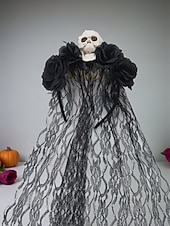 levne Halloweenské doplňky-Dámská čelenka s lebkou, červenými a černými růžemi a krajkovým závojem, gotický vlasový doplněk na halloweenský kostým na párty