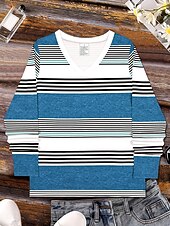 billiga Randig och geometrisk t-shirt-Dam T-shirt Långärmad Grafisk Geometrisk Randig Vintage Stilig Klassisk Långärmad V-ringad Regula Tops Dagstryck Kungablå Himmelblå Vår Höst Vinter Förvår