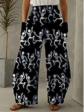preiswerte Halloween-Hosen-Damen Hose aus Baumwollleinen Urlaub Vintage Ethno-Stil Volle Länge Mittlere TaillePantsHalloween Katze Kürbis Halloween Drucken Bequem Unelastisch Urlaub Straße Lässig Asche Schwarz Fuchsie Orange