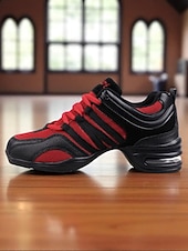 abordables Baskets de danse-Baskets de danse jazz en maille rouge et noire pour femmes avec semelle fendue, design léger et respirant - chaussures d&#039;entraînement professionnelles pour le hip-hop, la zumba et l&#039;entraînement de