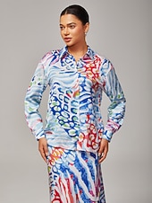 preiswerte Blusen-Damen Aquarell Leopardenmuster Satin lockeres kurzes Hemd mit überschnittenen Schultern Hemdkragen elegant stylisch lässig kräftiger Druck tägliche Arbeit Herbst