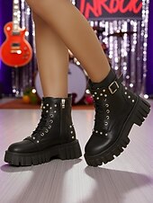 abordables Bottes motard-bottes motardes cloutées en similicuir noir pour femme avec semelle plateforme épaisse et fermeture éclair latérale &amp;Bottines à boucle style punk pour ados et femmes, idéales pour les concerts et le