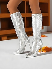 baratos Festa da Vida Noturna-Botas femininas de cano alto com lantejoulas - botas de festa com salto agulha brilhante para mulheres, calçados da moda glamorosos para boates, apresentações no palco e trajes de noite