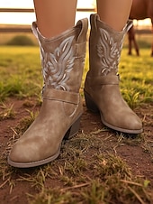 billige Cowboy og vestlige støvler-dame western cowboystøvler med brodert design og spenne – støvler med kraftig hæl til midt på leggen for countrykonserter, ridning og høstantrekk
