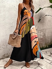 cheap Print Floral Dresses-Women's Long Dress Maxi Dress Summer Dress Slip Dress Fashion Modern Daily Beach Weekend Regular Fit Leaf Tropical Sleeveless V Neck Black Summer Spring