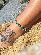 billiga Damarmband-Fotlänkset med turkosa pärlor för kvinnor - bohemisk dubbelrad fotlänk med utsmyckningar i legering och ädelstenar, perfekt för stranden, poolpartyn och sommarmode