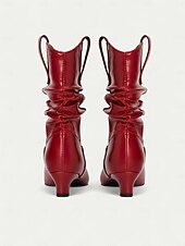 tanie Buty typu slouch-Damskie czerwone botki typu slouch z miękką, marszczoną cholewką, na niskim klockowym obcasie, szykowne obuwie w miejskim stylu dla kobiet, idealne do codziennych, swobodnych stylizacji i miejskich