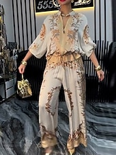 お買い得  レディースブラウススーツ-女性用 活発的 ファッション ブラウス パンツセット 長袖 スタンド フラワー ドローストリング プリント アウトドア お出かけ ブルー オレンジ グリーン 秋 レギュラー