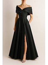 abordables Robes de Soirée en A-Ligne A Robe de Soirée Élégant Robe de soirée Formel Mariage Longueur au sol Sans manches Épaules Dénudées Satin Extensible avec Plis Froncé Fente 2025