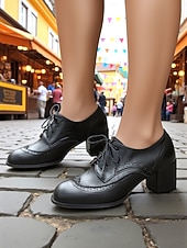 abordables Zapatos Oxford de mujer-Zapatos brogue oxford de tacón grueso con bloques de color para mujer: zapatos de vestir vintage con cordones de los años 50 con detalle de espiga de tweed para la oficina, el Oktoberfest y la moda de