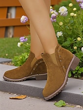 abordables Botas del Chelsea-Botines Chelsea de tacón grueso para mujer: botines de punta redonda con detalle de tachuelas para la moda de otoño, visitas a granjas y paseos al aire libre.