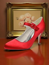 voordelige Cocktail-Champagnekleurige satijnen Mary Jane-hakken voor dames met kristallen gesp, elegante pumps met puntige neus voor cocktailparty&#039;s