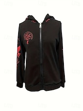 baratos Tops Viking-Mulheres Moletom com zíper Floral Punk Ativo Vintage Manga Longa Com Capuz Tops regulares Casual Casa Dia a Dia Preto Vermelho Outono Inverno
