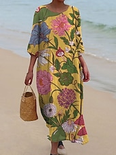 preiswerte Blumenkleider-Damen Maxi Kleid Kaftan 3/4 Länge Ärmel Rundhalsausschnitt Lässiges Kleid A-Linie Kleid Boho Lockere Passform Florales Grafik V-Ausschnitt Weiß Gelb Hellgrün Grün Frühling Herbst