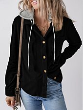 abordables chaqueta con capucha-Mujer Chaqueta con capucha Cómodo Transpirable Botones Casual Plano Vacaciones Calle Casual Ropa Cotidiana Botonadura Simple Regular Con Capucha Ajuste regular Manga Larga Ropa de calle Azul marinero