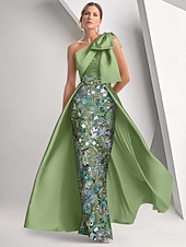 abordables Robes de bal-Robe de Soirée A-Line Élégante Robe Formelle Invitée de Mariage Longueur Sol Sans Manches Épaule Unique Satin avec Nœud(s) Fente Broderie