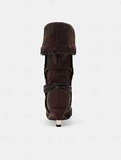 levne Slouch Boots-Dámské semišové kozačky v moka hnědé barvě do půli lýtek s pleteným páskem, překlápacím designem a kotníkovými podpatky, městská ležérní módní obuv pro každodenní streetwear.