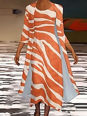 preiswerte Streifen- und geometrisches Kleid-Damen Kleid-Set Maxidress Shiftkleid Sommerkleid Lässig Grafik Geometrisch Geschichtet Druck Maxikleid Dreiviertelarm Rundhalsausschnitt Täglich Orange Frühling Herbst Normale Passform