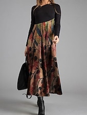 preiswerte Streifen- und geometrisches Kleid-Damen Midikleid A Linie Kleid Lässig Täglich Normale Passform Grafik Geometrisch Farbblock Langarm V Ausschnitt Dunkelbraun Gelb Blau Braun Frühling Herbst Winter