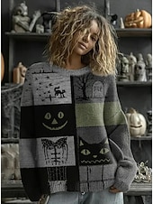 olcso Halloween Blúzok és Ingek-Női Pulóver aranyos stílus Utcai sikk Alkalmi Grafika Állat Terített nyak Kollázs Kötött Hosszú ujj Normál felsők Kötött Munka Halloween Narancssárga Barna Ősz Tél