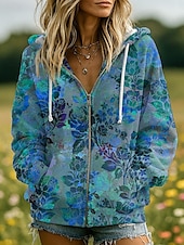 billige Blomstrete topper-Kvinners 3D Print Zip Up Hetter Blomster Grafisk Motemessig Kledelig Langermet Hetter Vanlige Topper Gate Hverdagsklær Patchwork Glidelås Lomme Rød Blå Lilla Fuchsia Grønn Vår Høst