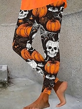 baratos Calças de Halloween-Mulheres Leggings Férias Vintage Moda Mimolet Cintura AltaPantsHalloween Gráfico Abóbora dia das Bruxas Estampado Macio Respirável Com Stretch Férias Rua Casual Preto Branco Amarelo Laranja Primavera