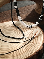 Недорогие Мужские украшения-Мужской комплект из 3-х пляжных ожерелий: черные и белые бусины из смолы, подвеска из ракушек и цепочка из вощеной веревки — украшения в стиле серфера для лета, фестивалей и повседневных образов.