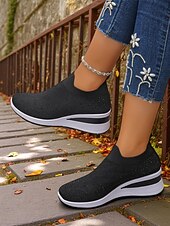preiswerte Damen-Sneaker-Pinke Flyknit-Slip-On-Sneaker mit Strasssteinen für Damen – atmungsaktive, leichte Keilschuhe zum Spazierengehen, für Fitness und den lässigen Alltag