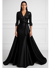 abordables Robes de smoking-Robe de Soirée A-Line Noir et Blanc Sequins Élégante Robe Blazer Formelle Mariage Longueur au Sol Manches 3/4 Col Chemise Poche Satin avec Nœud(x) Perles