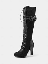 ieftine Victorian și Edwardian-Cizme de damă până la genunchi, inspirate din stilul victorian din anii 1890, din dantelă neagră, cu fundă, pentru tocuri elegante, pentru petreceri tematice și evenimente vintage elegante &amp;evenimente