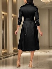 baratos Comprimento do chá-Vestido-camisa para mãe da noiva em corte A, tafetá elástico, elegante, simples e minimalista, gola estilo chá, comprimento até o joelho, tecido elástico, manga 3/4 com laço 2025