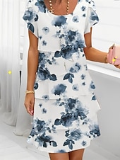 cheap Print Floral Dresses-Women&#039;s Mini Dress Casual Dress Chiffon Dress Summer Dress Fashion Modern Daily Beach Weekend Regular Fit Flower Short Sleeve Crew Neck Pink Blue Lavender Dark Blue Summer Spring