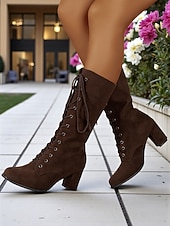 abordables Bottes à la mode-bottes à lacets en daim marron pour femmes - bottes mi-mollet vintage modernes avec talons épais pour la mode de tous les jours, les promenades d&#039;automne et les costumes à thème