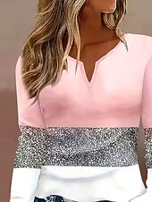 Pentru femei Tricou Grafic Geometric Bloc Culoare Epocă Stilat Clasic Manșon Lung În V Gât crestat Topuri obișnuite Zilnic Sfârșit de săptămână Imprimeu Roz Îmbujorat Primăvară Toamnă Iarnă ieftine Tricou cu dungi și geometric-Pentru femei Tricou Grafic Geometric Bloc Culoare Epocă Stilat Clasic Manșon Lung În V Gât crestat Topuri obișnuite Zilnic Sfârșit de săptămână Imprimeu Roz Îmbujorat Primăvară Toamnă Iarnă