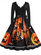 ieftine Rochie de Halloween-Rochie midi de Halloween pentru femei cu imprimeu de dovleac rochie în formă de A casual zi de zi vacanță croială regulată dovleac mânecă lungă guler în V galben albastru mov portocaliu vară
