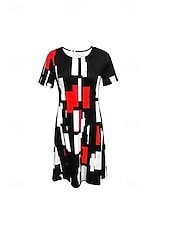 levne Pruhované a geometrické šaty-Elegantní dámské večerní midi šaty s krátkým rukávem a výstřihem do krku A-line šaty ležérní boho každodenní regular fit grafika geometrická károvaná černá léto jaro podzim