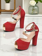 preiswerte Nachtleben Party-Damen-Sandalen aus rotem Wildleder mit Plateau und Blockabsatz – Peep-Toe-High-Heels mit Knöchelriemen für Partys im Nachtleben und abendliche Clubwear