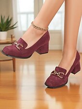 abordables Chaussures sans lacet et mocassins femme-Mocassins à talon carré en daim bordeaux pour femmes - chaussures habillées à enfiler à bout carré avec détail mors doré, style rétro classique pour le bureau, les tenues d&#039;affaires et les occasions