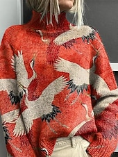 cheap Graphic Patterns &amp; Details-Women&#039;s Pullover Vacation Daily Floral Animal Ribbed Turtleneck Print Long Sleeve Regular Tops Knit Outdoor Daily Holiday Wine Red Fall Winter