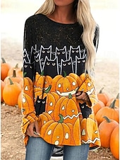 Halloween Women's T shirt Pumpkin Long Sleeve Graphic Vintage Stylish Classic Long Sleeve Crew Neck Round Neck Regular Tops Daily Print Black Orange Spring Fall Prefall4
