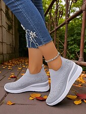 preiswerte Damen-Sneaker-Pinke Flyknit-Slip-On-Sneaker mit Strasssteinen für Damen – atmungsaktive, leichte Keilschuhe zum Spazierengehen, für Fitness und den lässigen Alltag