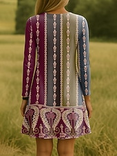 tanie Sukienka boho-Damskie Sukienka do kolan Sukienka dzianinowa Codzienne sukienki Sukienka t-shirtowa Sukienka letnia Codzienny Regularny Graficzny W Tureckie Wzory Długi rękaw Półgolf Rumiany róż Niebieski Fioletowy