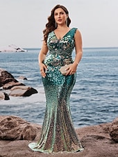 preiswerte Meerjungfrau Abendkleider-Meerjungfrau/Trompete Abendkleid, elegantes Kleid, formelle Abendparty, bodenlang, ärmellos, V-Ausschnitt, Herbst, Hochzeitsgast, Pailletten, V-Rücken mit Glitzerpailletten