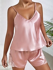 Χαμηλού Κόστους Πιτζάμες και νυχτικά-Γυναικεία Πυτζάμες Μοντέρνα Καθημερινό Ανατομικό Μονόχρωμες Σατέν Μεταξωτές Πιτζάμες Πιτζάμες Δαντέλα Κουρελού Σπίτι Κρεβάτι Αμάνικο Λουριά Ροζ Ανοικτό Μαύρο Λευκό Σαμπανιζέ Ρουμπίνι Καλοκαίρι