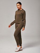 baratos Calça-Calça de moletom feminina marrom elástica com zíper e fenda na cintura elástica, estilosa, confortável, casual, diária, trabalho, versátil, outono