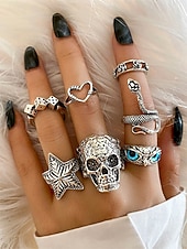 economico Accessori di Halloween-Set di anelli gotici da donna per Halloween: anelli regolabili vintage in argento con teschio, serpente, stella e dadi per feste, cosplay e vita notturna
