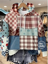 baratos Tops Listrados e Geométricos-Moletom feminino com capuz e estampa 3D, estampa gráfica de Halloween, casual, manga comprida, com capuz, blusas regulares, para festa, uso diário, patchwork, cáqui, primavera, outono, inverno