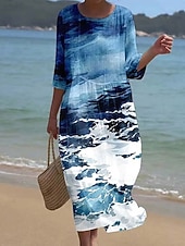 levne Umění a design šaty-Dámské maxi šaty kaftan s 3/4 rukávy kulatým výstřihem volnočasové šaty A-linie boho pravidelný střih grafické geometrické abstraktní bílé žluté modré oranžové jaro podzim