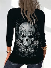 abordables Hauts d&amp;#39;Halloween-Halloween Femmes T-shirt Graphique Crâne Halloween ancien Élégant Classique manche longue Col en V Hauts Réguliers Quotidien Cravate Imprimé Noir Automne Hiver